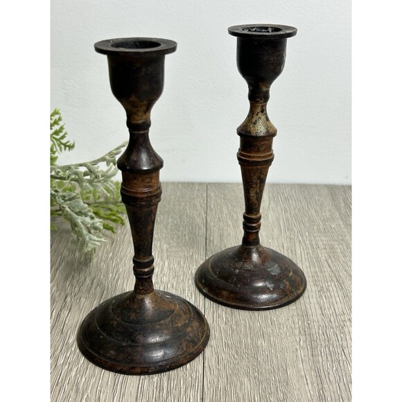 Set Of 2 Vintage Metal Candle Holders India Patina Rustic For Taper Candles 6” - Picture 1 of 9